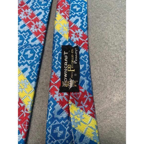 Vintage Towncraft Silk Mens Tie Blue Red Yellow Geometric Stripes Necktie - Picture 4 of 5